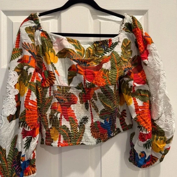 NWT Farm Rio Forest Birds crochet and guipure lace Cropped Blouse Size L - Picture 12 of 16